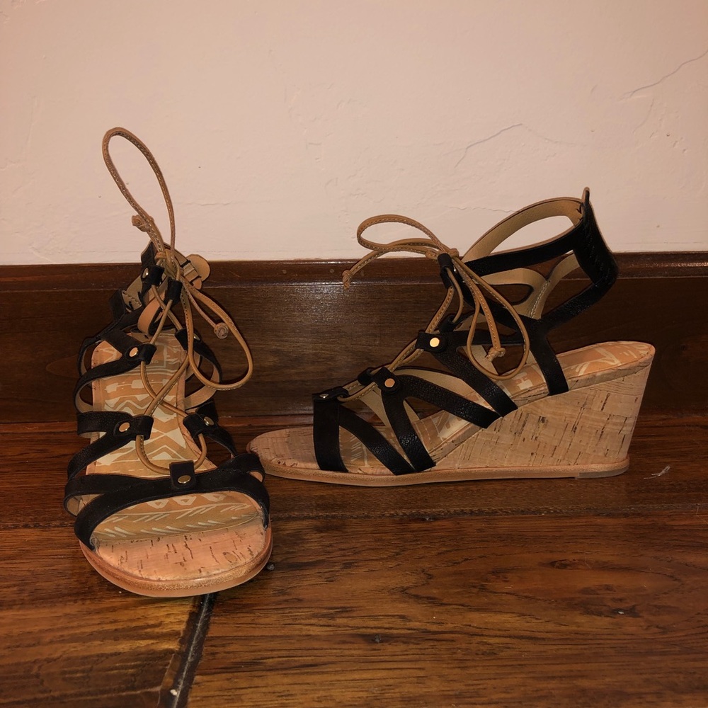 Black Lace-Up Wedge Sandals